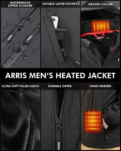 Miniatura 4 de ARRIS Mens Heated Jacket, Electric Heating Coat with 7.4V Battery and Detachable Hood - Waterproof, 8 Heating Areas