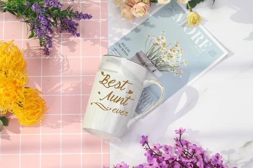 Miniatura 3 de Taza de café Best Aunt Ever de 14 onzas, color gris, con caja de regalo, cuchara y posavasos, regalo perfecto para tía para cumpleaños, día