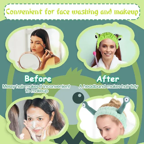 Miniatura 5 de Molain Diadema de rana para lavado de cara, bandas para el cabello de spa, diademas de maquillaje para mujeres, de dibujos animados, de forro polar