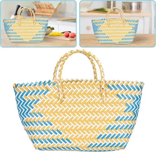 Miniatura 8 de Bolso tejido a mano para mujer, gran capacidad, a rayas, con correa cilíndrica, cesta de picnic duradera para almacenamiento al aire libre