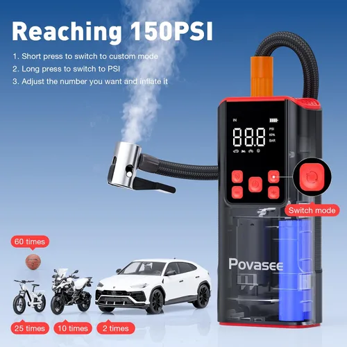 Miniatura 6 de Inflador de Neumáticos Compresor de Aire Portátil Povasee 150PSI Bomba de Aire Portátil para Neumáticos Inflador de Neumáticos de Coche Inalámbrico