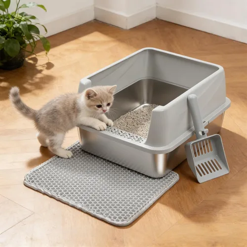 Miniatura 6 de Caja de arena de acero inoxidable con tapa, caja de arena de metal para gatitos, cajas de arena de entrada baja con pala y alfombra, caja de arena