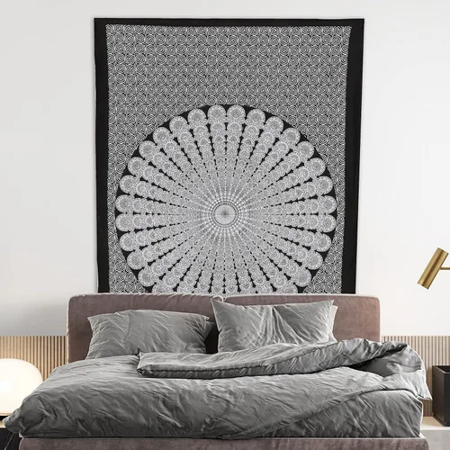 Tapiz hippie indio bohemio psicodélico dorado azul pavo real mandala colgante en la pared (negro blanco, Queen (84 x 90 pulgadas) (84.6 x 90.6 in)