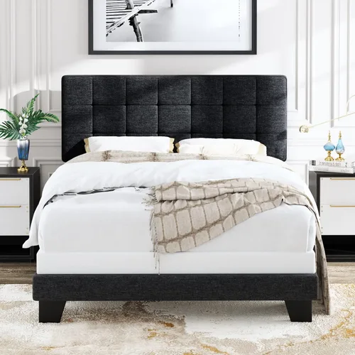 Miniatura 6 de Allewie - Base de cama de tamaño matrimonial con paneles, cabecera ajustable para perfil alto/tapizada en tela/cabecera acolchada cosida