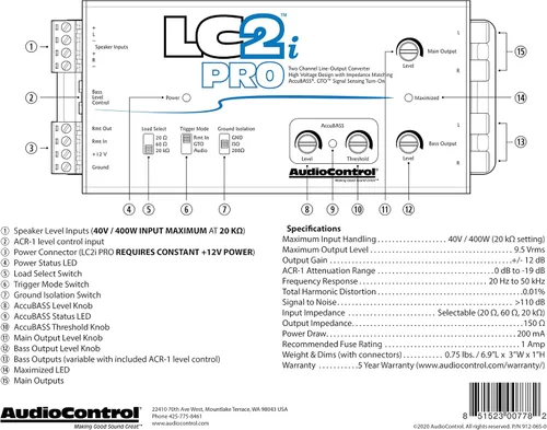 Miniatura 8 de AudioControl LC2i PRO - Convertidor de salida de línea de 2 canales con sensor de señal GTO y AccuBASS
