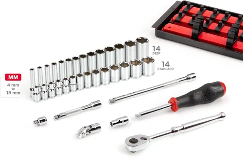 Miniatura 2 de TEKTON SKT03201 - Juego de llaves de vaso de 6 puntos y trinquete con rieles y bandeja de 1/4 de pulgada, 35 piezas (4-15 mm)