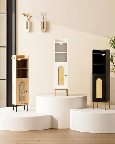 Miniatura 9 de Gabinete de Almacenamiento para Baño, Pequeño Mueble de Esquina de Piso con 2 Ganchos, Gabinete Estrecho para Papel Higiénico con Puerta de Ratán