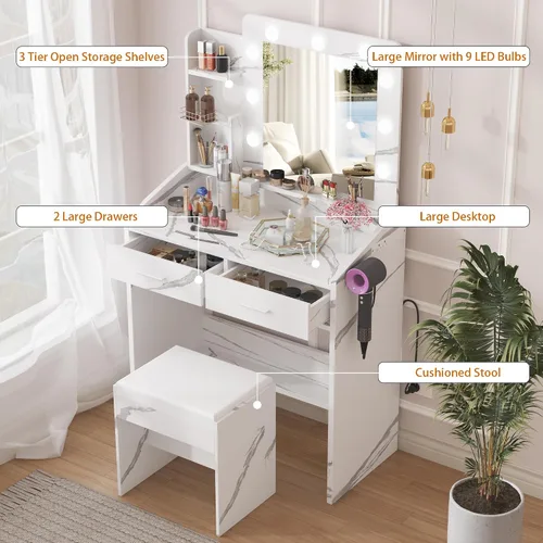 Miniatura 2 de Patikuin Escritorio de tocador con espejo y luces para dormitorio, mesa de maquillaje moderna de mármol blanco con 2 cajones, 3 modos de luz y LED