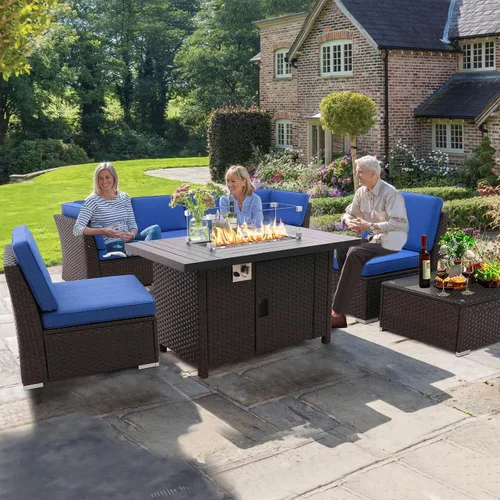 Miniatura 7 de Juego de 8 muebles de patio al aire libre con mesa para fogata de propano de 46 pulgadas, muebles de mimbre de polietileno marrón, sofá seccional