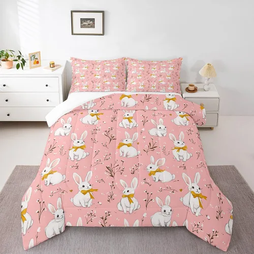 Miniatura 11 de Feelyou Juego de ropa de cama de conejo para niños, tamaño individual, juego de edredón de conejo para niñas y mujeres, edredón de plumón verde