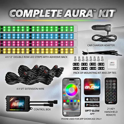 Miniatura 6 de OPT7 Aura Pro 4 piezas Tiras de luz LED dobles para interior de auto con APP y control remoto, modo multicolor, kit de iluminación de acento de neón