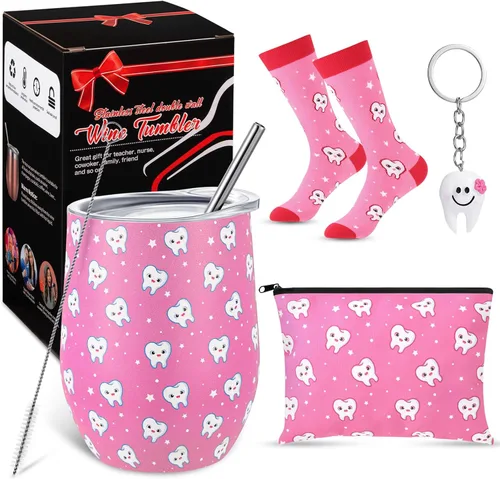 Miniatura 8 de Sliner Cna Week - Juego de 4 regalos para asistente dental higienista de 12 onzas, vaso de acero inoxidable con dientes azules, bolsa de cosméticos
