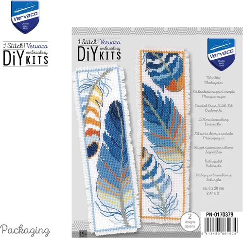 Miniatura 3 de Vervaco Juego de marcapáginas de punto de cruz con plumas azules (juego de 2) de 2.4 x 8 pulgadas