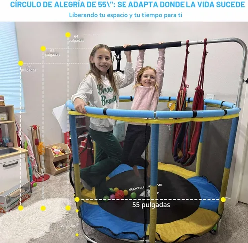 Miniatura 5 de Trampolín de 55 pulgadas para interiores y exteriores para niños con recinto, trampolín para niños pequeños con barra de gimnasia ajustable y Azul