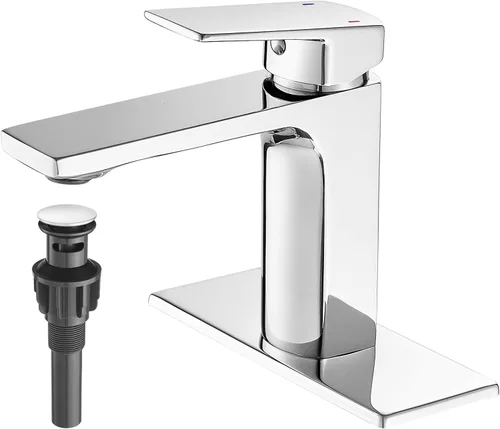 GENBONS Grifos de baño cromados de 1 agujero de una sola manija grifo de lavabo de baño con drenaje emergente y líneas de suministro de grifo, grifo