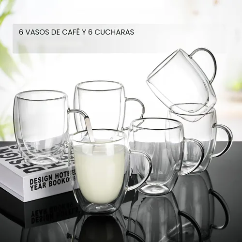 Miniatura 4 de LIBWYS Paquete de 6 Tazas de Café de Vidrio de Doble Pared, Tazas de 12oz para Espresso Cappuccino Latte Té con Asa, Vasos Transparentes