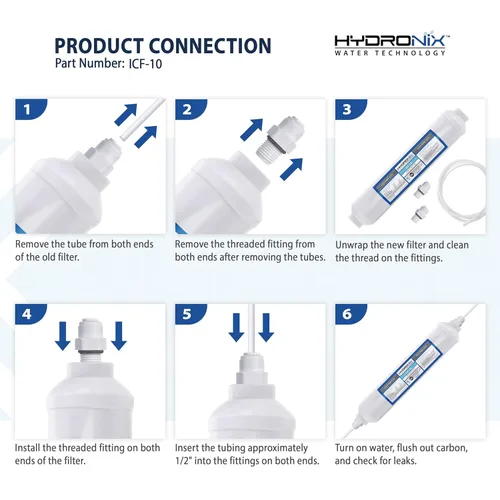 Miniatura 4 de Hydronix ICF-10 RO Filtro de ósmosis inversa de post-pulido, filtro de agua de coco GAC en línea para refrigerador y hielo, 2000 gal, 1/4" NPT