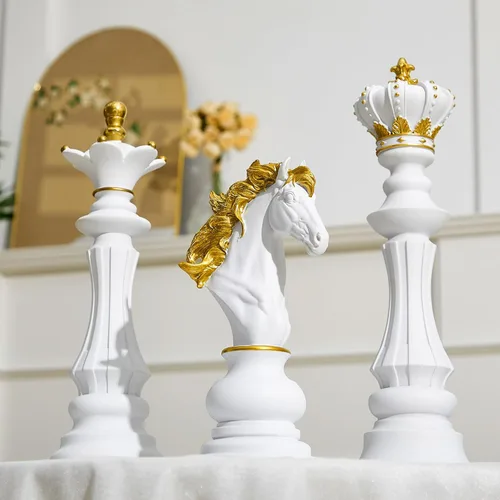 Miniatura 7 de Juego de 3 piezas de decoración de estatua de ajedrez grande, rey y reina, caballero, pieza de ajedrez, escultura, adorno coleccionable