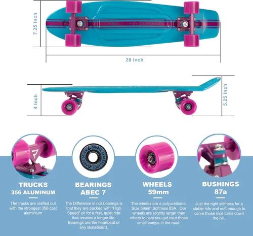 Miniatura 4 de Swell Skateboards Monopatín completo retro de plástico de 22 pulgadas y 28 pulgadas para principiantes, niños, niñas, jóvenes, adolescentes, adultos