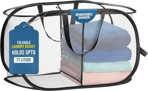 Miniatura 11 de Handy Laundry Cesta plegable de malla con 2 compartimentos, plegable, ahorra espacio, ligera y duradera, con asas para dormitorio, viajes