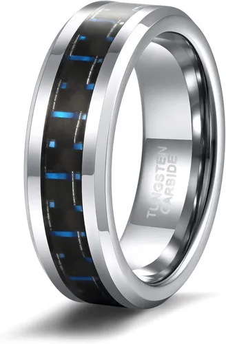 TRUMIUM Anillo de tungsteno negro y azul de 0.236in, 0.315in, con incrustaciones de fibra de carbono para hombres y mujeres, talla 4-15, Tungsteno