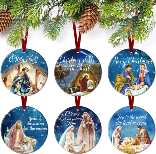Karenhi 6 piezas de adornos navideños de escena del nacimiento de Jesús, regalos religiosos, adorno navideño colgante de cerámica, escena del