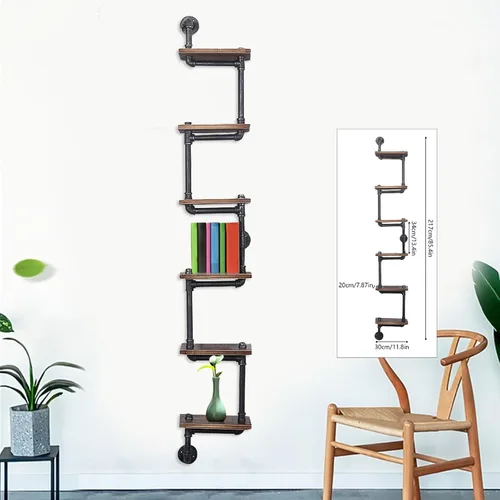 Miniatura 4 de YIYIBYUS Estante flotante de madera y tubo de hierro rústico industrial de 6 niveles, estante de escalera multiusos para artículos decorativos, sala