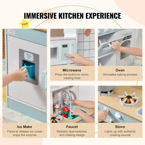 Miniatura 5 de VEVOR Juguete de cocina de madera para niños con luces y sonidos, cocina para niños pequeños con máquina de hielo, horno, fregadero, microondas