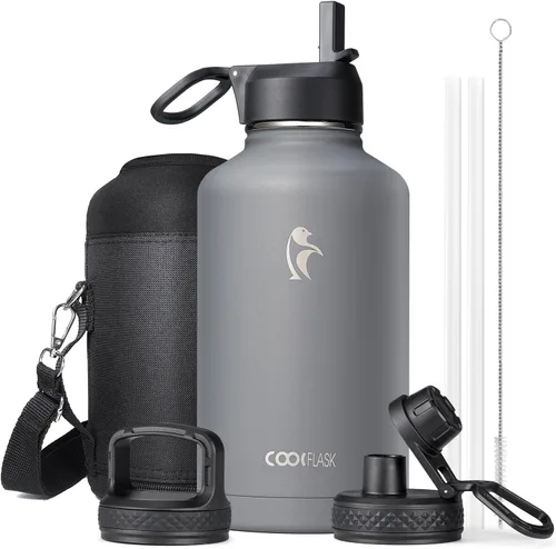 Miniatura 82 de Coolflask Botella de agua de 20 onzas aislada con pajilla, 3 tapas de metal de acero inoxidable, botella de agua de boca ancha para deportes u
