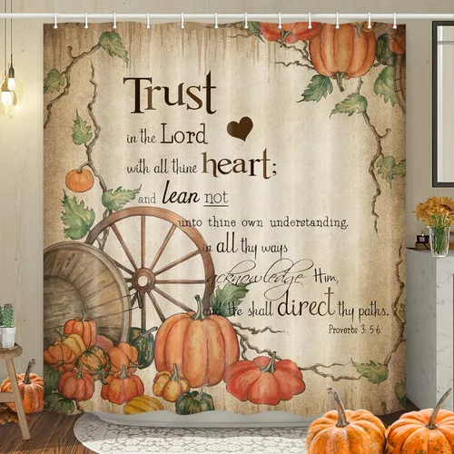 Wathon Cortina de ducha con versículo bíblico, decoración de baño de otoño, cita de las Escrituras cristianas con calabaza de cosecha de otoño, Retro