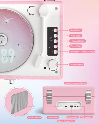 Miniatura 7 de Reproductor de CD con altavoces estéreo, transmisión inalámbrica de entrada/salida Bluetooth, batería recargable, reproductor de CD retro USB