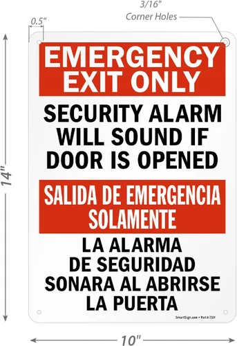 Miniatura 3 de SmartSign Letrero bilingüe "Solo salida de emergencia: la alarma de seguridad sonará si la puerta está abierta", plástico de 10 x 14 pulgadas