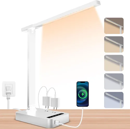 Miniatura 8 de snsok Lámpara de escritorio con cargador inalámbrico, puerto de carga USB, luz de escritorio de oficina regulable con reloj, alarma, fecha, Blanco