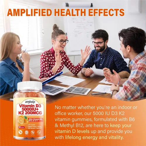 Miniatura 6 de Paquete de 2 gomitas de vitamina D3 K2 para adultos, vitamina D3 sin azúcar, 5000IU + K2(MK-7) Suplemento de 200 mcg con complejo de vitamina B