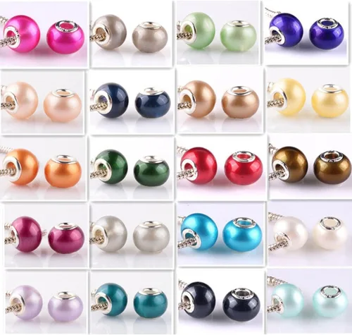 Miniatura 2 de RUBYCA Mezcla de perlas de imitación de cristal de Murano pulsera de encanto europeo espaciador color plata 100pcs DIY