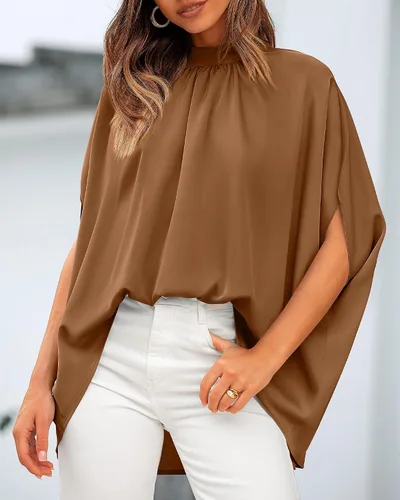 Miniatura 165 de BTFBM Blusas de verano para mujer, cuello alto falso, manga murciélago, holgadas, dobladillo alto y bajo, blusas informales de gran