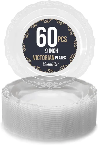 Miniatura 23 de SIZENAME - Platos de plástico desechables, diseño victoriano de calidad premium, color crema, para fiestas y bodas, 60