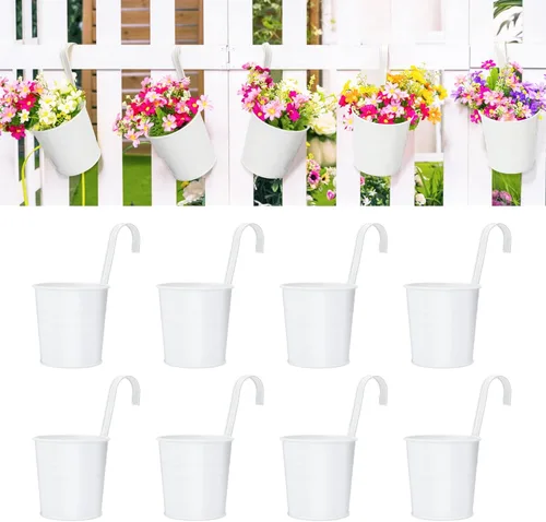 KINGLAKE Macetas de flores, 10 macetas de metal para colgar en hierro, balcón, jardín, plantas, cestas para vallas, 4 pulgadas, soportes para flores