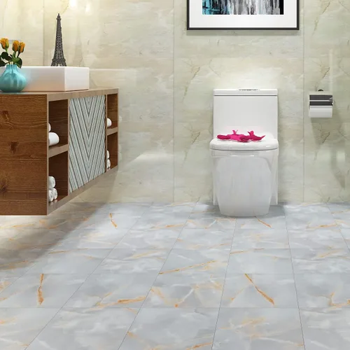 Miniatura 3 de FunStick Azulejos de mármol para baño, 12 x 12 pulgadas, vinilo adhesivo de color gris dorado, azulejos adhesivos para suelos de cocina, inquilinos