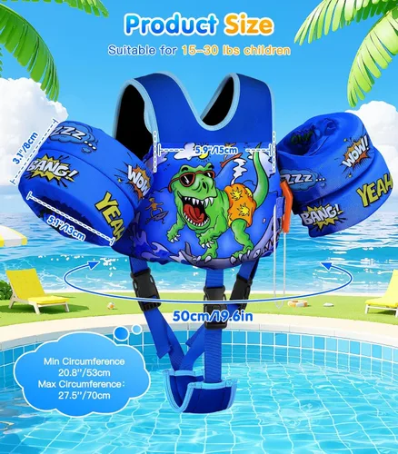 Miniatura 6 de MoKo - Chaleco de natación para niños pequeños de 6.8 a 25.4 kg, con alas de natación para charco, con correa para la entrepierna, alas de natación