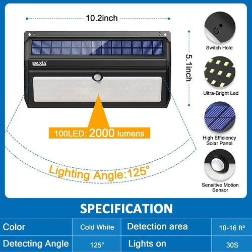 Miniatura 6 de Luces solares para exteriores, impermeables, 100 luces LED con sensor de movimiento solar con gran angular súper brillantes luces de pared