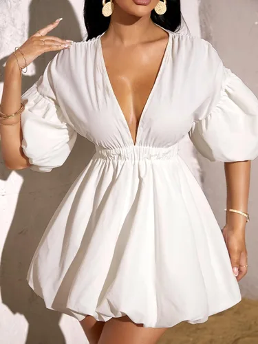Miniatura 4 de WDIRARA Vestido de cintura elástica con cuello en V profundo y manga abombada para mujer