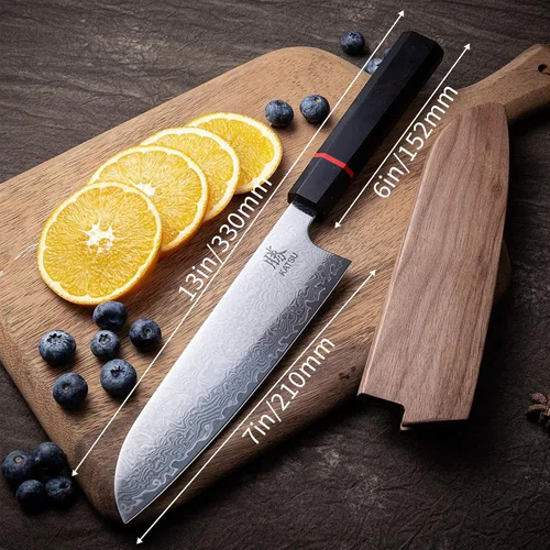 Miniatura 2 de Cuchillo Santoku de cocina, acero de damasco, cuchillo de cocina japonés, mango de madera octogonal hecho a mano, funda de madera y caja de regalo