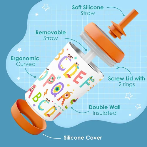 Miniatura 3 de Vaso de acero inoxidable aislado para niños con popote de silicona, taza para sorber de 12 onzas para niños (alfabeto)
