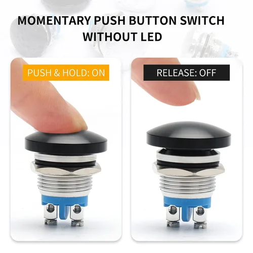 Miniatura 4 de STARELO Interruptor momentáneo de botón de presión de 16 mm con cabeza de hongo, metal de acero inoxidable IP65 impermeable 2Pin SPST 1NO 5A 250V AC