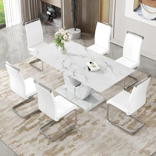 Miniatura 19 de Juego de 6 sillas de mesa de comedor para 6, juego de 6, moderno juego de comedor con mesa de comedor de mármol de 63 pulgadas, sillas tapizadas