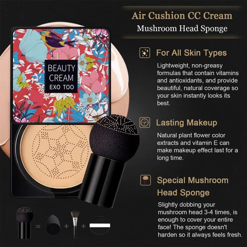 Miniatura 2 de 2 piezas de crema CC con cojín de aire de cabeza de hongo, corrector de cobertura completa y maquillaje de base impecable, cubierta de tatuaje