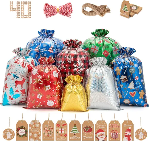 Lousrnman Bolsas de regalo de Navidad con cordón, 40 bolsas grandes de regalo navideño, 50 etiquetas de papel kraft y 2 lazos de cinta de 390
