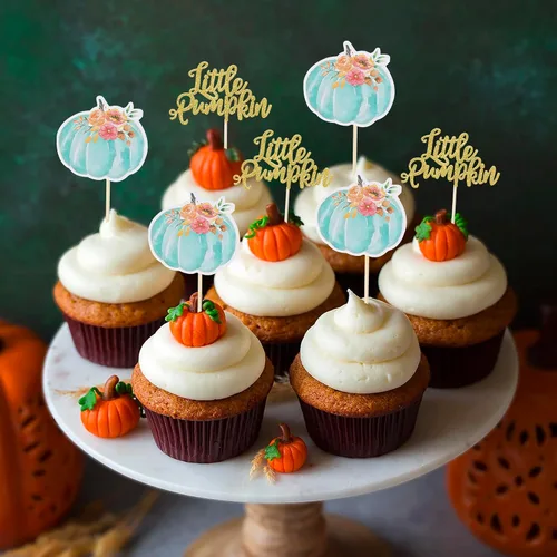 Miniatura 6 de Rsstarxi Paquete de 36 adornos para cupcakes de calabaza pequeña, revelación de género, baby shower, fiesta, decoración de tartas, calabaza