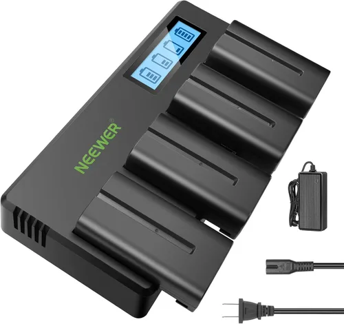 Miniatura 13 de Neewer Paquete de 4 baterías de repuesto de 7.4 V 6600 mAh NP-F970 con cargador de batería de 4 canales y adaptador de corriente, compatibles